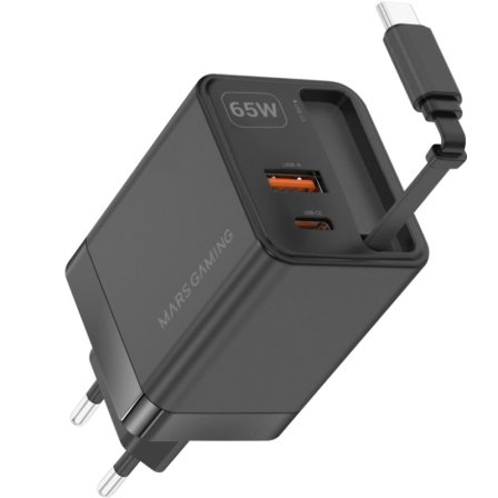 Mars Gaming MD-GAN65R Cargador de Pared GaN 65W con Cable USB-C Retráctil Negro